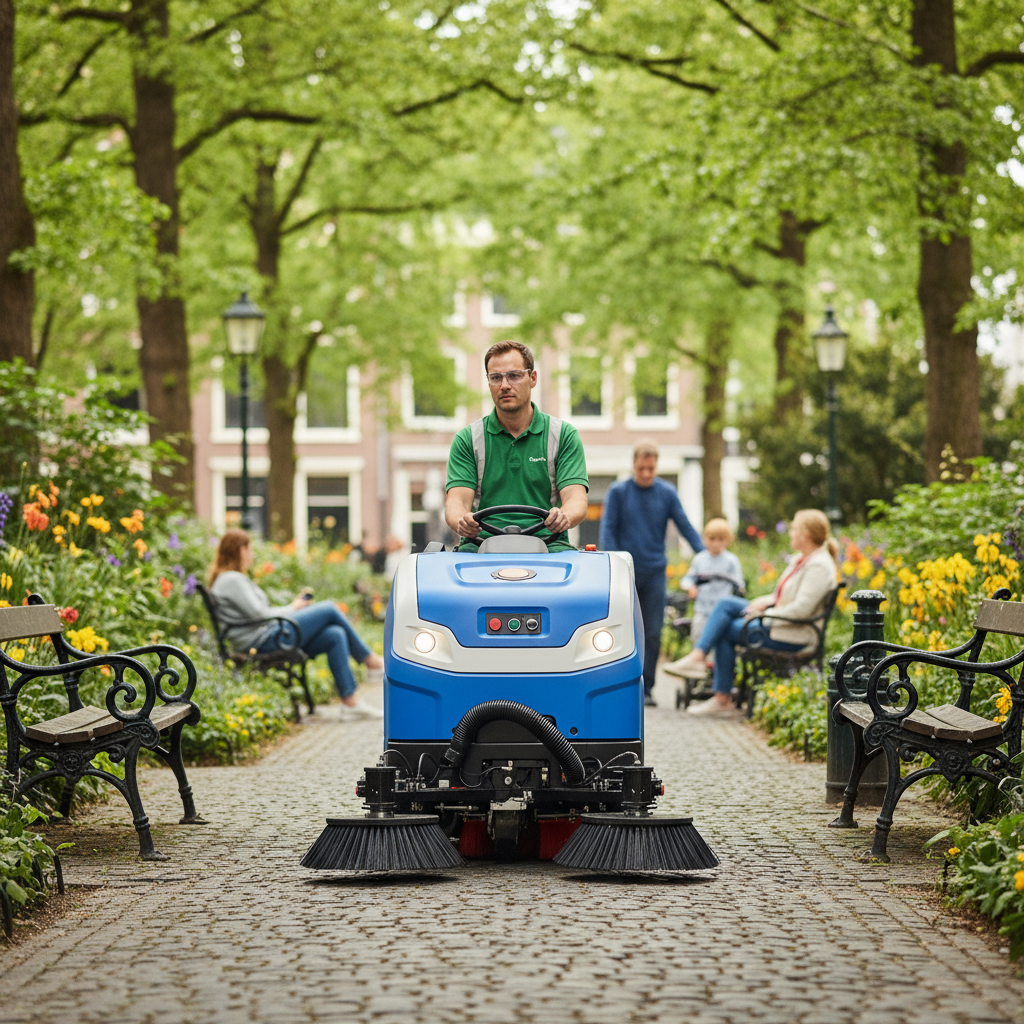 Close-up of the sweeper's brushes, spray nozzles, and collection bin