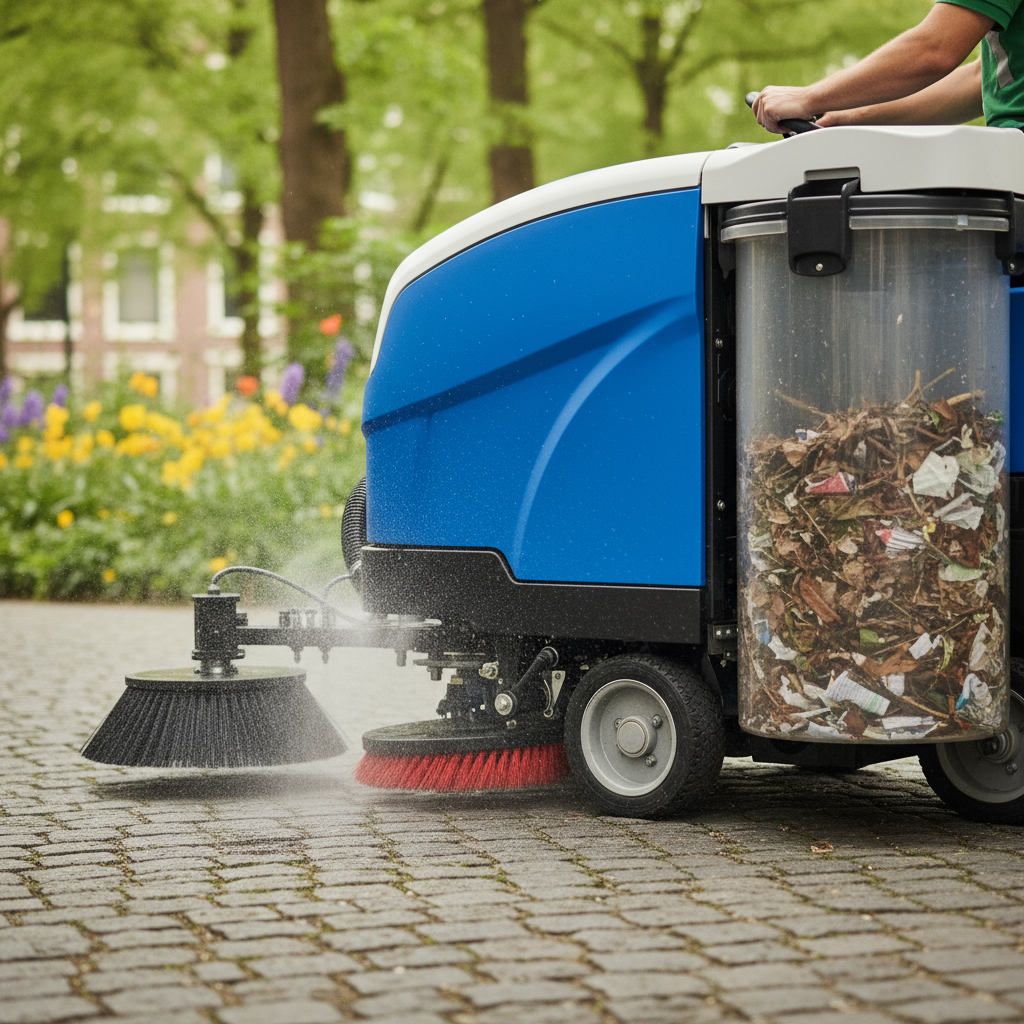 A compact electric sweeper maneuvering in a park