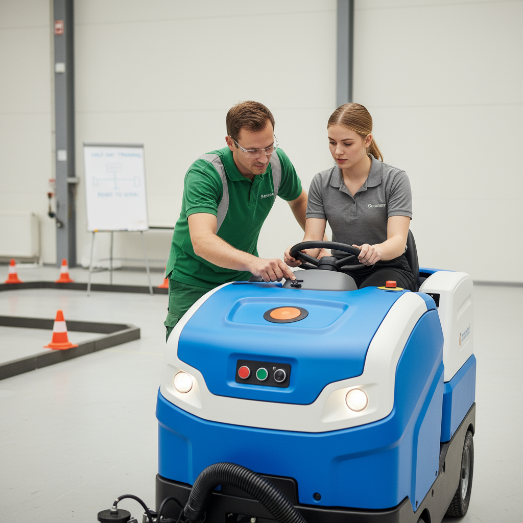 A small electric road sweeper cleaning a narrow alleyway
